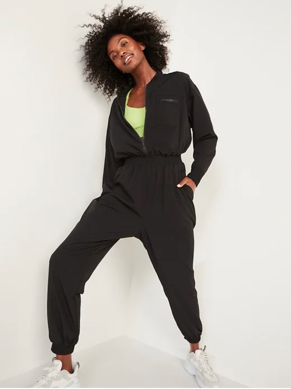 Old Navy Active. Black Long-Sleeve Zip-Front Jumpsuit